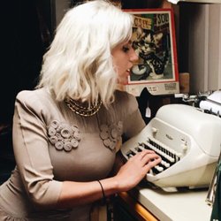 Funky Finds Vintage and Retro - 40's dress from the shop typing a love letter on a vintage typewriter! can you see the hearts in my eyes?