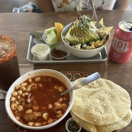Pozole and Chilaquiles with a Tamarindo Michelada and Cactus Rose Cider