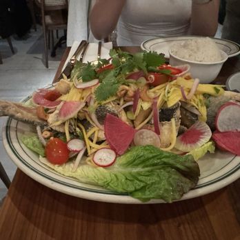 Mitr Thai - Pla Tod Yum Ma Muang (fried branzino topped with mango salad, cashews, and red onions) - Thai Near Me - New York, New York