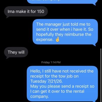 Manu Towing - Why is he asking me if I'm in NJ? Who knows. I just want a receipt and still having gotten one. It's 7/29 and the tow was in 7/21 - Towing Near Me Manu Towing - Why is he asking me if I'm in NJ? Who knows. I just want a receipt and still having gotten one. It's 7/29 and the tow was in 7/21 - Towing Near Me