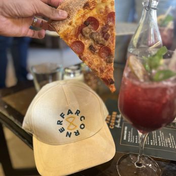 Far Corner - Meat lovers Pizza and the Wilde Gin Hibiscus Spritz - Pizza Near Me - San Diego, California Far Corner - Meat lovers Pizza and the Wilde Gin Hibiscus Spritz - Pizza Near Me - San Diego, California