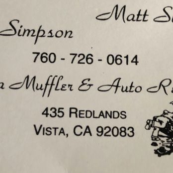 Vista Muffler & Auto - BUSINESS CARD - Auto Repair Near Me - Vista, California Vista Muffler & Auto - BUSINESS CARD - Auto Repair Near Me - Vista, California