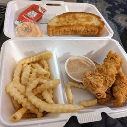 3 tenders, cold fries and buttered hotdog roll