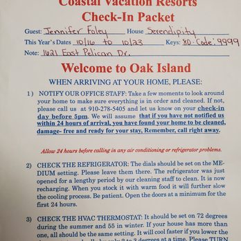 Coastal Vacation Resorts - my check in packet they left for just anyone to grab with the full address and combo to get in! - Property Management Near Me - Oak Island, North Carolina Coastal Vacation Resorts - my check in packet they left for just anyone to grab with the full address and combo to get in! - Property Management Near Me - Oak Island, North Carolina