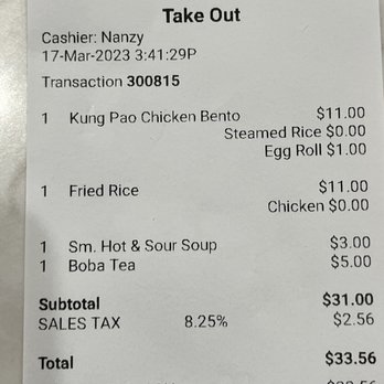 Fusion Asian Kitchen - Receipt for Kung pao chicken with steamed rice, chicken fried rice, 2 egg rolls, and a mango Boba Tea - Japanese Near Me - Hurst, Texas