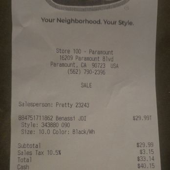 WSS - The receipt with a timestamp if the company wants to check the cameras and see the employee left and no one said anything to customers. - Shoe Stores Near Me - Paramount, California