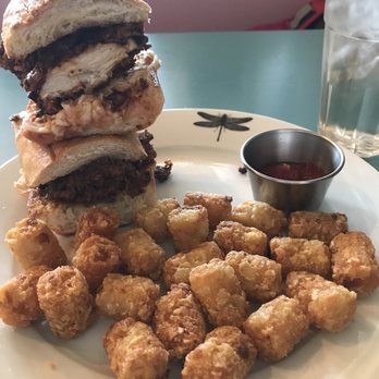 Libelula - Sriracha Maple Chicken Sandwich & Tater Tots - Breakfast & Brunch Near Me - Fresno, California Libelula - Sriracha Maple Chicken Sandwich & Tater Tots - Breakfast & Brunch Near Me - Fresno, California