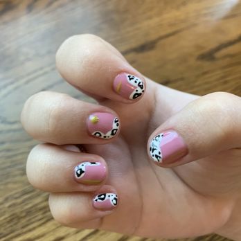Urban Nail Box - Tier 2 essential manicure. Pink nails with mustard, black, and white nail art - Nail Salons Near Me - Seattle, Washington