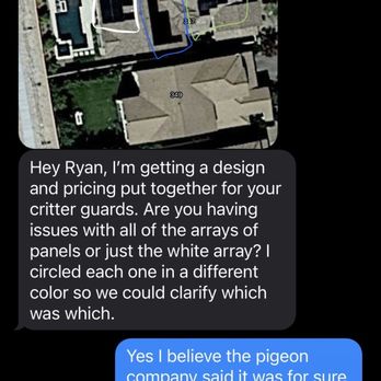 ION Solar - Text messages between my husband and our Ion Solar rep discussing where we would like the "critter guard" - Solar Installation Near Me - Henderson, Nevada ION Solar - Text messages between my husband and our Ion Solar rep discussing where we would like the "critter guard" - Solar Installation Near Me - Henderson, Nevada