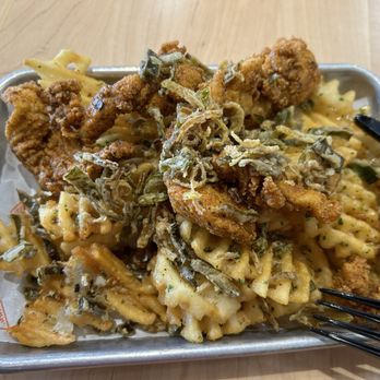 Waffle Champion - Chicken & Waffles, debris style (on waffle fries). Their fried leeks are tasty! - Waffles Near Me - Oklahoma City, Oklahoma