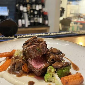 Luminary Kitchen & Provisions - Prime filet. Cauliflower purée. Braised carrots. Black truffle mushroom ragu.  This dish is truly terrific! - American Near Me - Springfield, Illinois