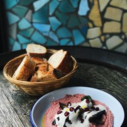 Café de l'Abbaye - Sumac hummus. Insane!! Topped with roasted eggplant, pomegranate seeds and tahini.