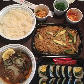 Yakiniku Korean - Left is bbq bowl sirloin (rice separate and we sai no egg-for the kids) top is yakisoba noodles. beef kimbap it is fully cooked - Korean Near Me - Flowood, Mississippi