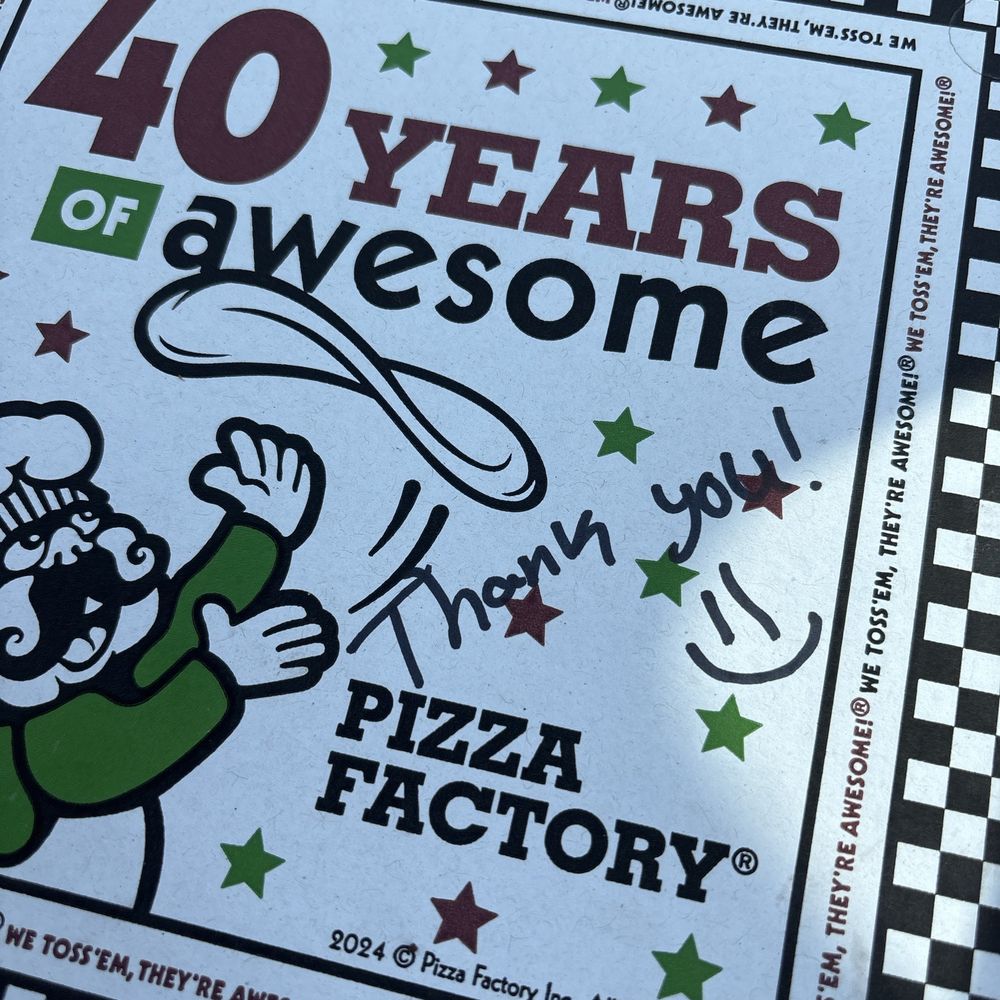 Pizza Factory - Kind message on box - Pizza Near Me - Reno, Nevada Pizza Factory - Kind message on box - Pizza Near Me - Reno, Nevada