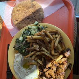 Lamb Platter with Hummus, Tabouli, Cucumber, Fries, and White Pita