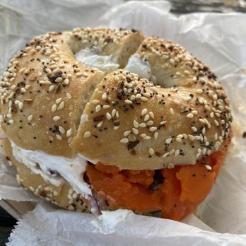 Pigeon Bagels - Vegan spread, with carrot lox, capers, and red onion on an everything bagel - Bagels Near Me - Pittsburgh, Pennsylvania