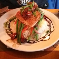 Restaurant de l'Auberge du Marchand - Delicioue arctic char with birvh syrop, basmati rice, and vegetables.