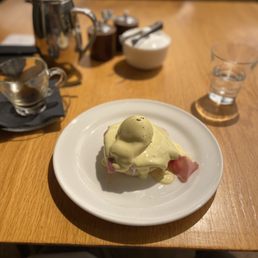Eggs Benedict and French press coffee
