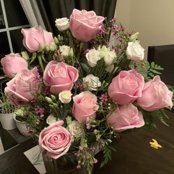 House of Flora Flowers and More - pink roses, lavender wax flower, white lisianthus