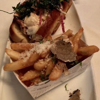 Scampo - Lobster roll (lightly dressed) with truffle fries. - Italian Near Me - Boston, Massachusetts Scampo - Lobster roll (lightly dressed) with truffle fries. - Italian Near Me - Boston, Massachusetts