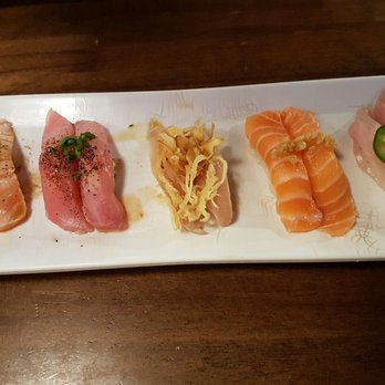 Sushi Asahi - Left to right: peppered salmon, peppered tuna, onion albacore, garlic salmon, and jalapeño yellowtail - Sushi Bars Near Me - Riverside, California