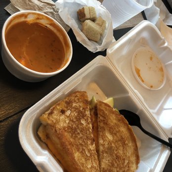 Cravings Bistro - ABC grilled cheese (apples, bacon, cheese), tomato basil soup, and mini grilled cheese croutons - Salad Near Me - Pleasant Grove, Utah Cravings Bistro - ABC grilled cheese (apples, bacon, cheese), tomato basil soup, and mini grilled cheese croutons - Salad Near Me - Pleasant Grove, Utah