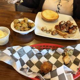 Chopped Chicken Sandwich, Okra, hushpuppies, banana pudding in cup