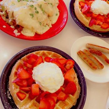Cafe 222 - Strawberry shortcake waffles  Biscuit Biscuits and Gravy - Breakfast & Brunch Near Me - San Diego, California