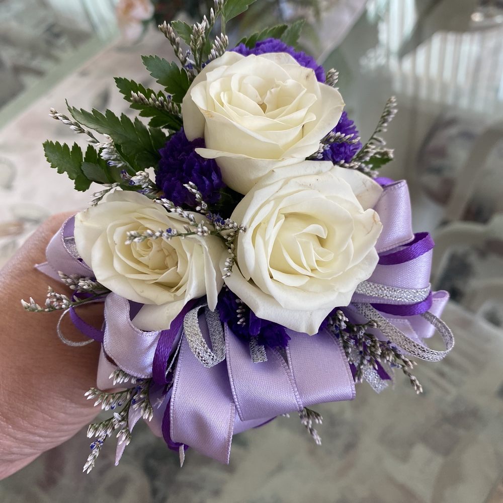Perky Petals Florist - pin corsage, small white roses, purple, lavender and silver ribbon - Florists Near Me - Murrieta, California Perky Petals Florist - pin corsage, small white roses, purple, lavender and silver ribbon - Florists Near Me - Murrieta, California