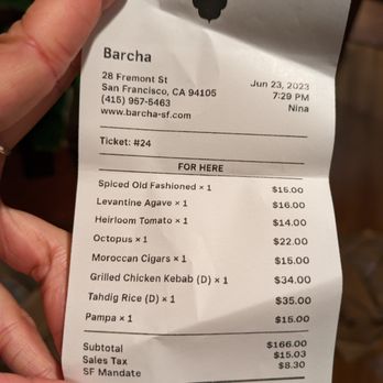 Barcha - Cost before tips. Dinner for 6 adults, 2 toddlers: 3 drinks, 3 starters, 2 entrees. Fri 2023-06-23 - Mediterranean Near Me - San Francisco, California Barcha - Cost before tips. Dinner for 6 adults, 2 toddlers: 3 drinks, 3 starters, 2 entrees. Fri 2023-06-23 - Mediterranean Near Me - San Francisco, California