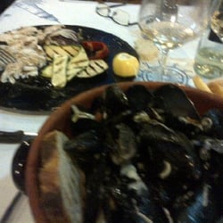 Prima e Poi - Branzini to the left with grilled vegetables......mussels below, be sure to check the after shot!