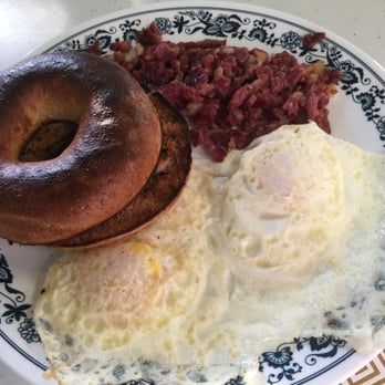 Anita's Diner - Corned Beef Hash with two eggs over easy and a bagel. - Breakfast & Brunch Near Me - Pendleton, Indiana