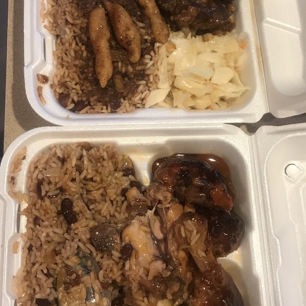 Top: Oxtail w/beans and rice and vegetables  Bottom: sweet and spicy chicken