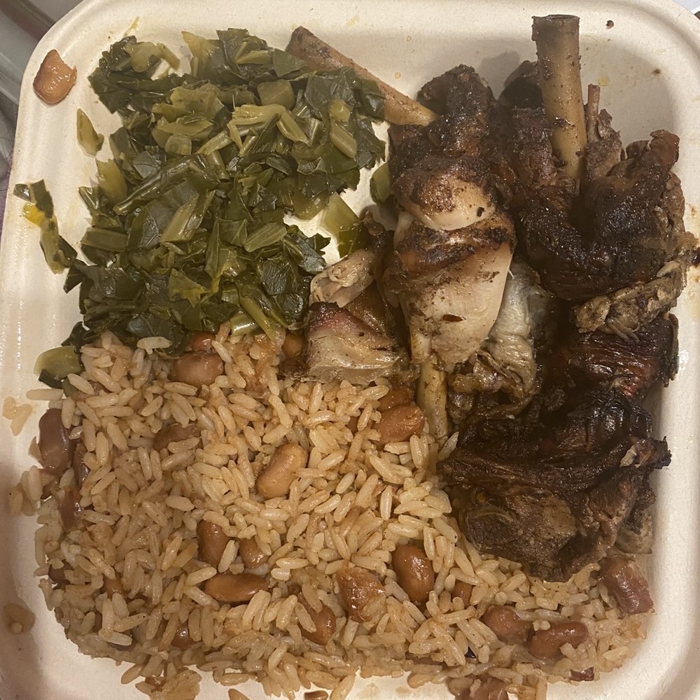 Naomi's Garden - Jerk Chicken with greens and rice and peas - Haitian Near Me - Miami, Florida Naomi's Garden - Jerk Chicken with greens and rice and peas - Haitian Near Me - Miami, Florida