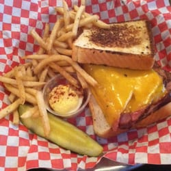 The Depot - Hot ham and cheese, deviled egg, fries and pickle