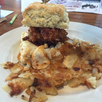 Iron Rooster - Rooster and a Biscuit with home fries - American Near Me - Baltimore, Maryland