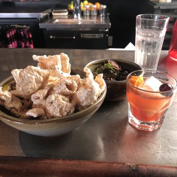 The Parish - Pork rinds must try with the black n blue hot sauce! Brussels and an anejo old fashion - Gastropubs Near Me - Tucson, Arizona
