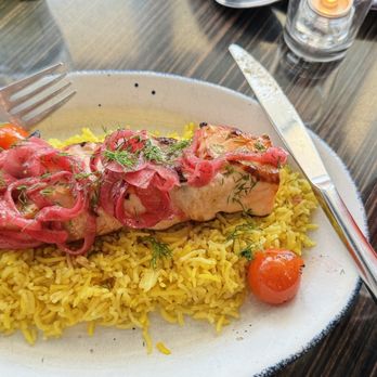 Sababa - Pomegranate-Labne Marinated Salmon Kebab & pomegranate juicy - Mediterranean Near Me - Washington, DC, District of Columbia