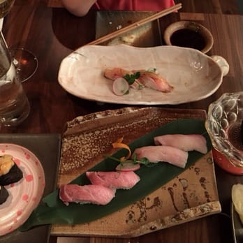 MF Sushi - L-R, Top-Bottom: Chopped Spicy Scallop, Akamutsu, O-Toro, Hamachi, Uni nigiri. - Sushi Bars Near Me - Houston, Texas