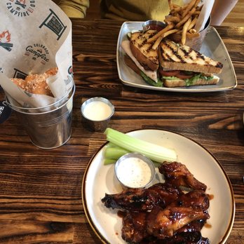 Colorado Campfire - BBQ wings, garlic Parmesan pretzel bites, and a Turkey club. All very good. - American Near Me - Denver, Colorado Colorado Campfire - BBQ wings, garlic Parmesan pretzel bites, and a Turkey club. All very good. - American Near Me - Denver, Colorado