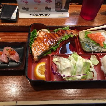 Sushi King - Two item bento box: Salmon teriyaki and Salmon sashimi, with a melting albacore special. - Sushi Bars Near Me - Fairfield, California