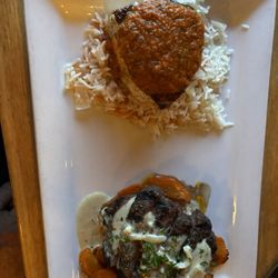 Spanky's Stone Hearth - Trust me of the evening was sirloin steak with blue cheese over carrots and swordfish over basmati rice with dill tomato sauce.