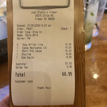 Juan Blanco’s - Receipt - Mexican Near Me - Fraser, Michigan Juan Blanco’s - Receipt - Mexican Near Me - Fraser, Michigan