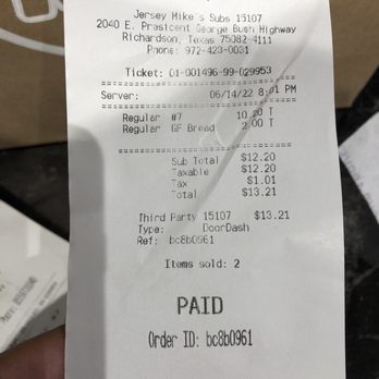 Jersey Mike's Subs - The correct receipt also in my bag - Sandwiches Near Me - Richardson, Texas Jersey Mike's Subs - The correct receipt also in my bag - Sandwiches Near Me - Richardson, Texas