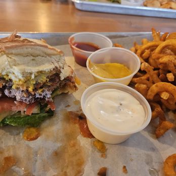 The Grill 1646 - The fries were crispy & delicious with choice of dipping sauces. - Burgers Near Me - Lincoln City, Oregon