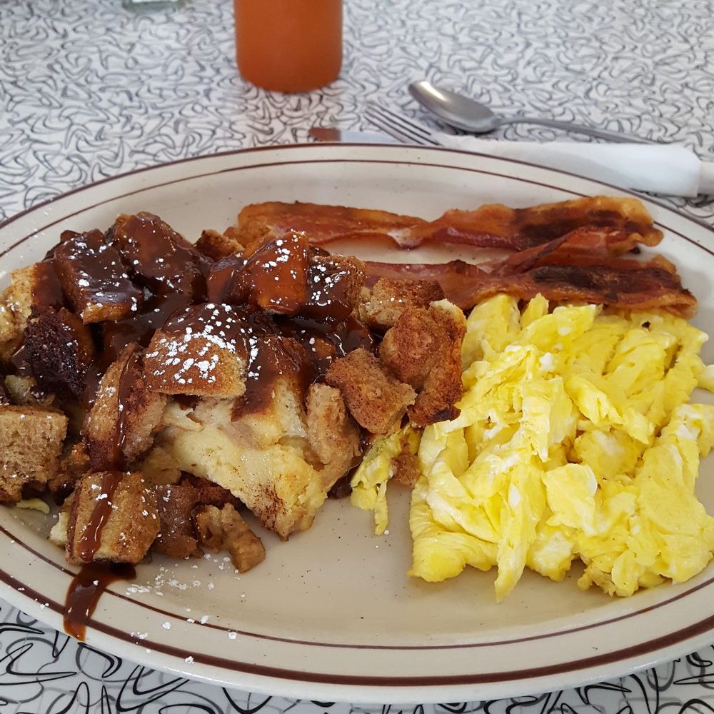 Triangle Diner - 3 eggs scrambled, 3 slices bacon and bailey's bread pudding. Bigger than last time we came here. - Diners Near Me - Saratoga Springs, New York Triangle Diner - 3 eggs scrambled, 3 slices bacon and bailey's bread pudding. Bigger than last time we came here. - Diners Near Me - Saratoga Springs, New York