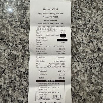 Hunan Chef - $164.79 on receipt - Chinese Near Me - Frisco, Texas Hunan Chef - $164.79 on receipt - Chinese Near Me - Frisco, Texas