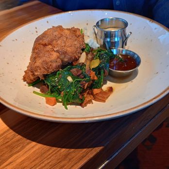 Lazy Dog Restaurant & Bar - Fried Chicken with mashed red potatoes and spinach dish. - New American Near Me - Garland, Texas Lazy Dog Restaurant & Bar - Fried Chicken with mashed red potatoes and spinach dish. - New American Near Me - Garland, Texas