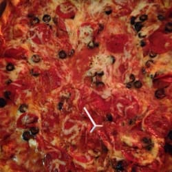 Valley Pizza - Black olive and pepperoni pizza with extra sauce and cheese