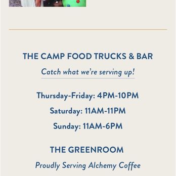The Camp - Hours for the food trucks/bar and The Greenroom - Venues & Event Spaces Near Me - Huntsville, Alabama The Camp - Hours for the food trucks/bar and The Greenroom - Venues & Event Spaces Near Me - Huntsville, Alabama